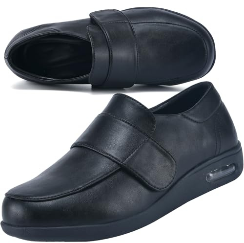 Aocase Chaussure Diabetique Chaussures Extra Large Chaussures de Ville en Cuir Extra Larges avec Sangle à Scratch Homme Pantoufle Santé pour âgées Pieds,Noir,43 EU