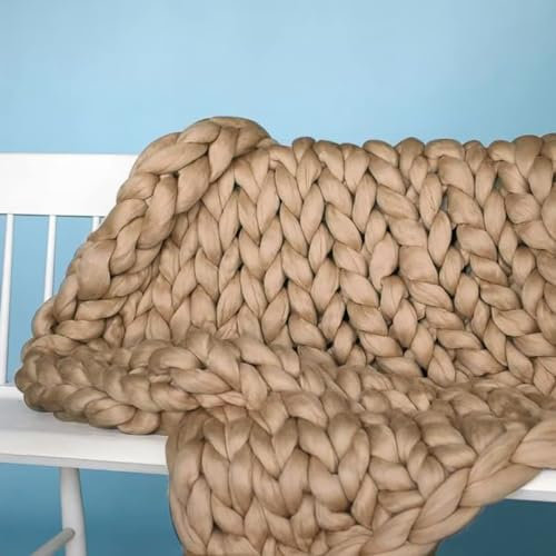Coperta in lana merino lavorata a maglia grossa, fatta a mano, oversize, decorativa, morbida e ingombrante, per camera da letto, divano, colore cammello, 80 x 100 cm