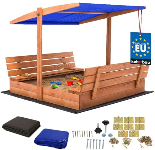 KOTARBAU® Sandlåda i Trä - 140 x 140 cm - Brun - Sandlåda med Lock - Bänkar - för Barn Utomhus - med Blått Tak - med Solskydd och Markduk