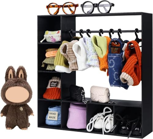Großer Puppenkleiderschrank mit 10 Kleiderbügeln, Puppenzubehör-Präsentationsbox, Kleideraufbewahrung für Figuren, tragbare Aufbewahrung für Modepuppenkleidung, Geschenk für Fans (Schwarz)