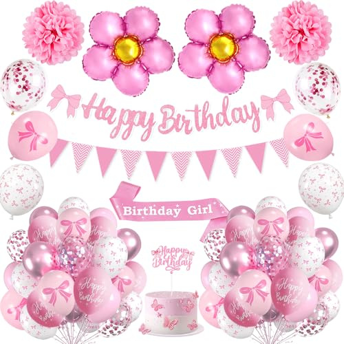 Pink Birthday Decorations for Girls,Pink Bow Happy Birthday Balloon Set with Banners Paper Flowers Sash Cake Topper,Pastel Birthday Party Supplies for Girl Women