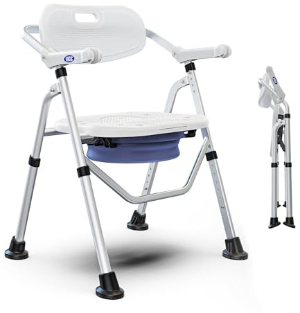 VOCIC Folding Shower Chair for Inside Shower, Lab-Tested 300lbs Heavy Duty Shower Seat for Elderly & Disabled, Flip-Up Arms, Cutout Seat, Height Adjustable Back & Legs, Portable Shower Commode Chair
