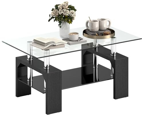 HOMCOM Tavolino Salotto Moderno a 2 Livelli con Piano d'Appoggio in Vetro Temperato, Tavolino da Divano in Legno e Acciaio, Tavolo da Caffè per Soggiorno, 90x50x42 cm, Nero