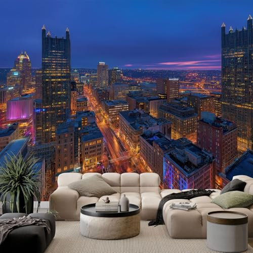 Murales Papel Pintado Salon Vista nocturna de la ciudad horizonte 250x175 cm Fotomurales 3D Tejido No Tejido Papel Tapiz Fotográfico Decorativos Murales Dormitorio Oficina Hotel