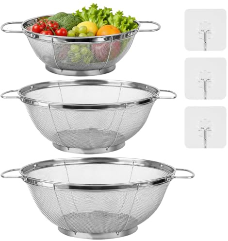 Set di 3 colino da cucina in acciaio inox, microforato con manici, scolapasta per frutta, verdura, riso e pasta, colino in metallo, per cucina e casa, 18/22/24 cm, con 3 ganci trasparenti
