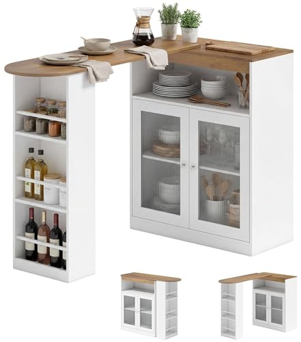 HOMCOM Mesa de Bar Extensible y Giratoria 90°, Mesa Alta Cocina con Estantes Abiertos y 2 Puertas de Vidrio para Comedor, 150x80x105,5 cm, Blanco y Natural