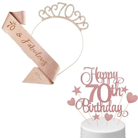3 Pcs 70th Birthday Sash For Women and Tiara Cake Toppers Set, 70th Birthday Decorations for Women, 70th Birthdays Gifts for Womens Party Accessories, Shiny Happy 70th Birthdays Cake Topper