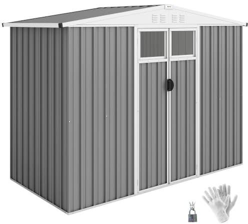Outsunny Casetta da Giardino 2.7m² in Acciaio Zincato Grigio Chiaro | Capanno Porta Attrezzi, 4 Prese d'Aria, 2 Finestre Trasparenti, Tetto Inclinato, Doppie Porte Bloccabili con Chiavi, Guanti