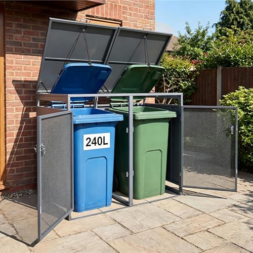 COSTWAY Cache Poubelle Exterieur 2 x 240 L, Abri Poubelle Exterieur en Métal Galvanisé, 2 Portes Verrouillable Grillagé, Amortisseur, Couvercle Rabattable, Range Poubelle Exterieur pour Patio, Jardin