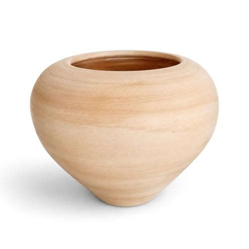 Macetero de cerámica tipo coco, color beige rústico, 28 x 28 x 20 cm, contenedor decorativo grande para plantas de interior y exterior, diseño artesanal y resistente para hogar y jardín