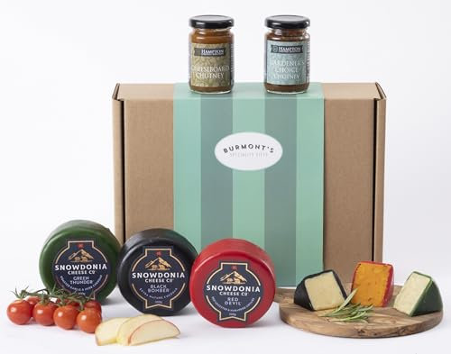 Snowdonia Cheese Company Gift Hamper Containing Three, 200g Truckles - Little Black Bomber, Red Devil & Green Thunder. Also Includes Two Chutneys - Hamper Exclusive To Burmont's