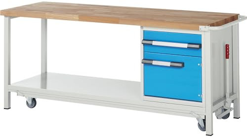 eurokraft | Fahr- und absenkbare Werkbank | Gestellbauweise Serie 8000 | 1 Schublade | 1 Tür | Ablageboden | BxT 2000 x 700 mm