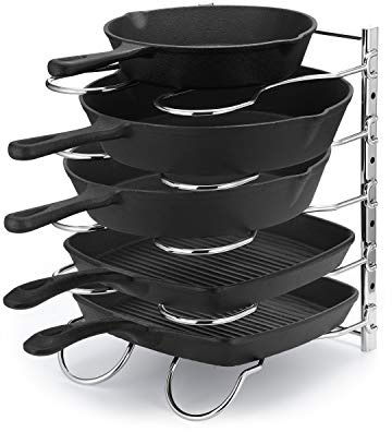 CAXXA Heavy Duty Pan Rack, Pot Lid Rack, Kitchen Cabinet Pantry Cookware Organizer Rack Holder with 5 Adjustable Dividers, Chrome