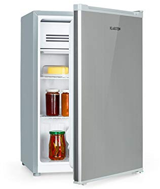 KLARSTEIN Delaware Frigorifero, Capacità 76 Litri, 2 Ripiani in Vetro Flessibili, Vano Congelatore da 4 Litri, Portabottiglie fino a 2 L, Argento/Grigio