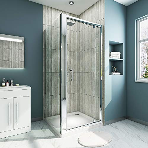 ELEGANT 1600x700mm Pivot Shower Door Framed Piovt Hinge Shower Enclosre 6mm Safety Glass Reversible Bathroom Shower Cubicles Panel + Stone Shower Tray with 90mm Waste