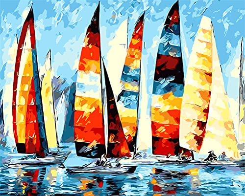 Meecaa Malen nach Zahlen Segelboot Meer Segeltuch Set für Erwachsene Anfänger DIY Ölgemälde 40,6 x 50,8 cm (Segelboot, gerahmt)