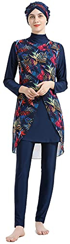 WOWDECOR Muslimska badkläder för kvinnor blommig blygsamhet baddräkt islamisk Hijab Burkini strandkläder tankini baddräkt, marinblå, L