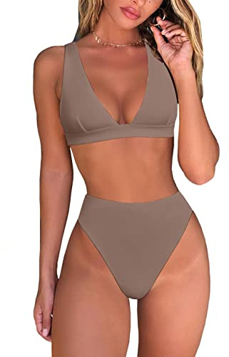 Women Two Piece Vintage Swimsuit Retro Triagnle Top High Waist Bikini with Bottom Coffee L