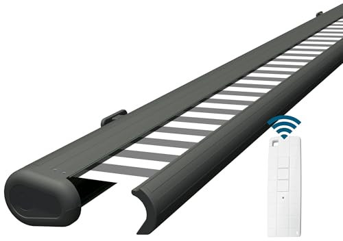 Eclipse Vollkassettenmarkise elektrisch 2,0x1,5 m basaltgraues Gehäuse Markise Balkon Terrassenüberdachung Gelenkarm Polyacryltuch UV-Schutz 50+ Smarthome-fähiger Dooya Motor, Markisentuch: Grau-Weiß