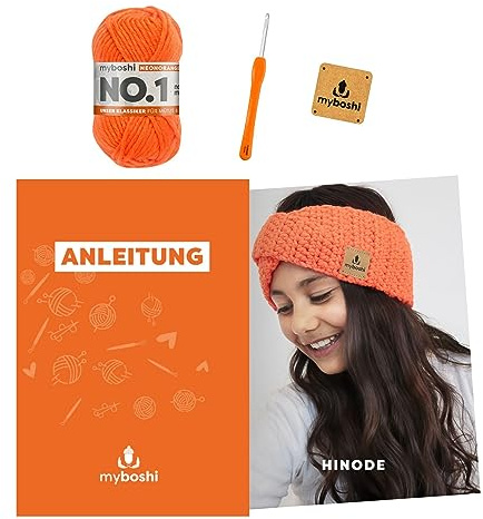 myboshi Häkelset Stirnband Hinode, inkl. Marble Wolle, Nadel und Anleitung, original Label, Häkelpaket, 30% Merinowolle Neonorange, mit Häkelnadel