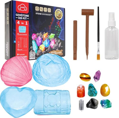 COO11 4pcs Gemstone Dig Kit for Kids, Crystal Excavation Set with Tools and Mining Applicator, Natural Gemstones Educational STEM Toy for Boys and Grils Ages 8+ Years