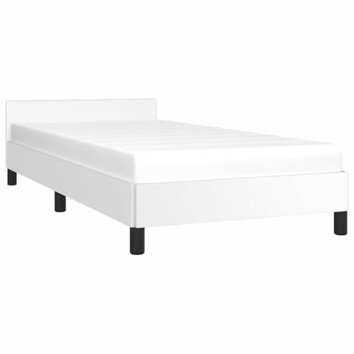 vidaXL Bettgestell mit Kopfteil, Bettrahmen mit Lattenrost, Bett Polsterbett mit Stützbeinen, Schlafzimmerbett Einzelbett, Weiß 90x200cm Kunstleder
