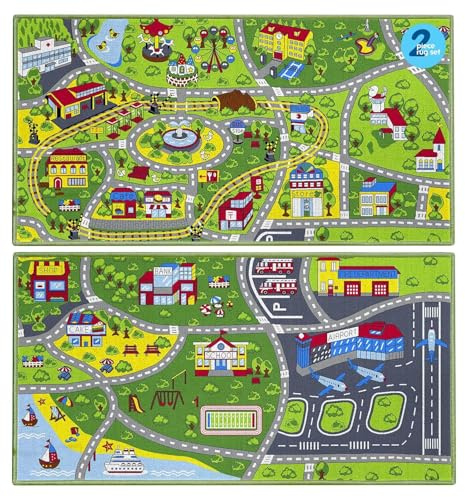 Booooom Jackson 2 Pack Car Rug,Non Slip Train Track Car Mat,Durable Road Play Area Kids Rug,Vibrant Kids Carpet for Playroom,Bedroom,Easy Store and Clean