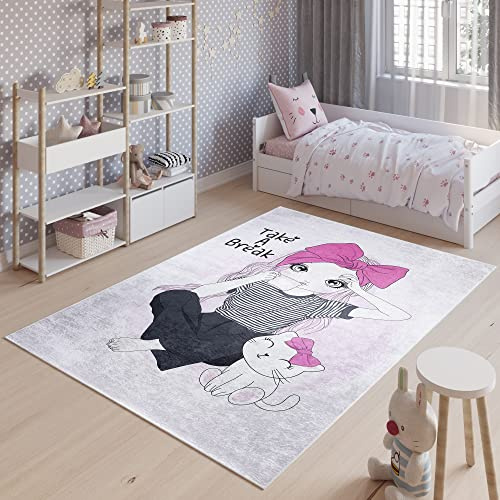 TAPISO Emma Kinderteppich Rosa Grau Mädchen Katze Antirutsch 80 x 150 cm | Waschbar bei 30 Grad bedruckter Kinderteppich Kinderzimmer Jugendzimmer Modern OEKO-TEX