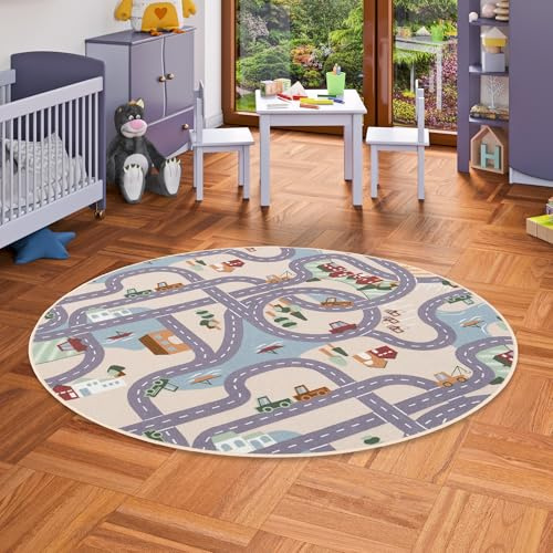 Snapstyle Fun Town Beige Kinder Straßenteppich Rund – Spielteppich Kinderzimmer Straßen Design, pflegeleicht