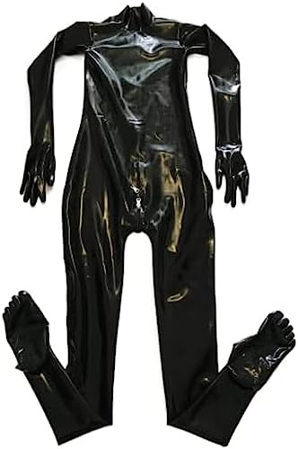 Black Latex Fetish Bodysuits Catsuit Gloves Toes Socks with Lockable Back Crotch Zip,Yellow,X-Small