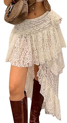 ORANDESIGNE Femme Y2K Vintage Jupe Longue Dentelle Irrégulier Midi Boho Floral Diviser Ébouriffer Maxi Été de Plage