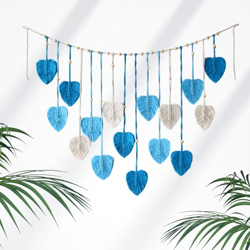 Qivine Tapisserie Makramee Wandbehang Boho, Handgemacht Gewebte Wandteppich Natur, Blätter Wanddeko Wohnzimmer Modern für Schlafzimmer, Kinderzimmer, Büro (Blau)