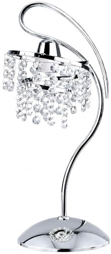 FKL DESIGN Home Deco Moderne Kristall Tischlampe E27 für Wohnzimmer mit Chrom Metall 1-Flammig Lampenschirm Rund verchromte Tischleuchte für Korridor Foyer Treppenraum Schlafzimmer (PE-T1)