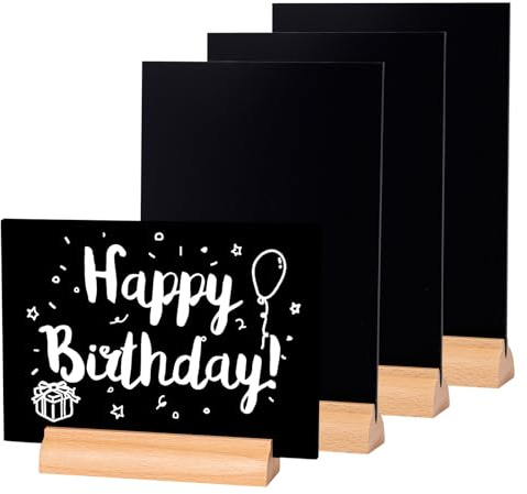 LELADY Enseignes de Tableau Noirs A5, 4 Pièces Mini Tableau Noir pour Table, Petit Tableaux Noir Double Face avec Supports en Bois, Petit Table Décoratives pour Tableaux Noirs
