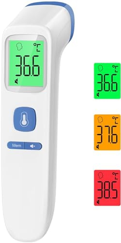 Fieberthermometer Kontaktlos, Stirnthermometer mit sofortigen genauen Messwerten, Fieberalarm, LCD-Anzeige und 35 Speicherabruf, Digitales Infrarot Thermometer für Kinder und Erwachsene (Blau)