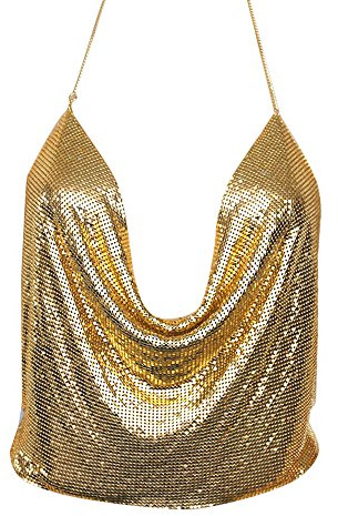 JiJiRuDU Glitzer Top Damen Sexy Deep V Kette Halter Ärmellos Backless Metall Weste Sequin Crop Top Club Wear Party Pailletten BH Top