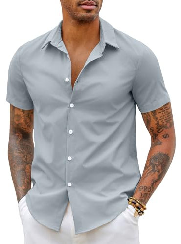 COOFANDY Men's Casual Short Sleeve Shirt - Summer Business Stretch Slim Fit No Iron Formal Beach Holiday Shirt Light Blue XXL