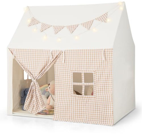 GOPLUS Tienda de Campaña con Tapete Acolchado, Luces de Estrellas y Banderines a Cuadros, para Interiores y Exteriores con Ventanas, Puertas Enrollables Y Bolsillos, para Niños de 3 a 8 Años (Beige)