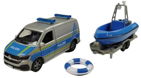 Kids Globe VW Transporter Polizia con barca DE Die Cast Pull Back 29 cm, giocattolo per bambini, 520360, blu