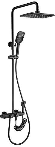 Klassisches Regenduschen-Thermostat-Duscharmatur-Set, komplettes wandmontiertes Dusch-Kombi-Set, Messing-Regenmischbatterie mit Wannenauslauf, 3-Modus-Handbrause, Duschkopf, Bidet-Sprüher, Schwarz (S