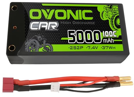 OVONIC 2s Lipo Akku 7,4 V 5000mAh 100C Shorty Lipo Akku Hartschalenetui mit 4-mm Geschoss Steckverbinder für RC-Fahrzeuge im Maßstab 1:10