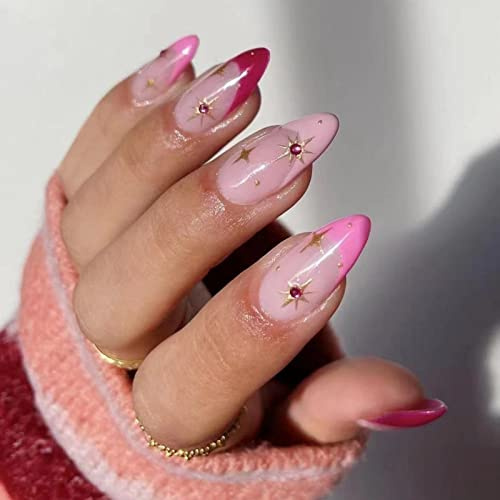 JUSTOTRY 24 Pcs Press on Nails Almond with Star Designs,Pink and Red False Nails Short,Pretty Stick on Nails for Women,Glossy French Oval Fake Nail Medium for Nail Art Gifts