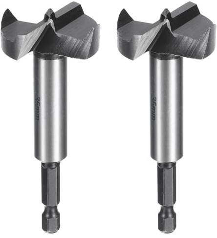 sourcing map 2pcs Forstner Drill Bit 1-3/8(35mm) Carbon Steel Single Tooth Flat Wing Wood Drilling Forstner Bit Hinge Cutter with 1/4 Hex Shank for Hardwood Softwood Plywood Woodworking