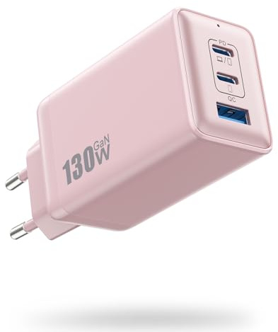 130W Chargeur USB C, 3 Ports PD QC Chargeur Rapide avec GaN III Tech, 65W Chargeur Laptop Compatible avec MacBook Pro/Air, ThinkPad, Dell XPS, iPad Pro, iPhone 16/15/14, Galaxy S23/S22,SteamDeck-Rose
