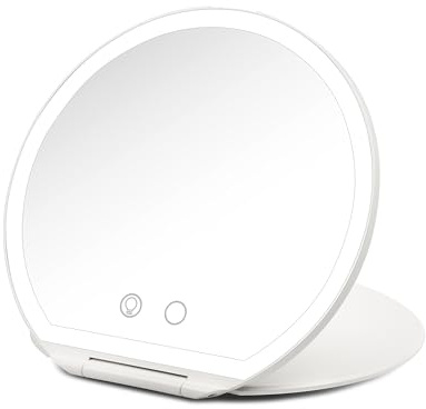 Girmi BE03 Runder Make-up-Spiegel, zusammenklappbar, ultradünn, tragbar, mit LED-Licht, 3 Farben, Touch-Taste, Lithium-Batterie, USB-Ladegerät