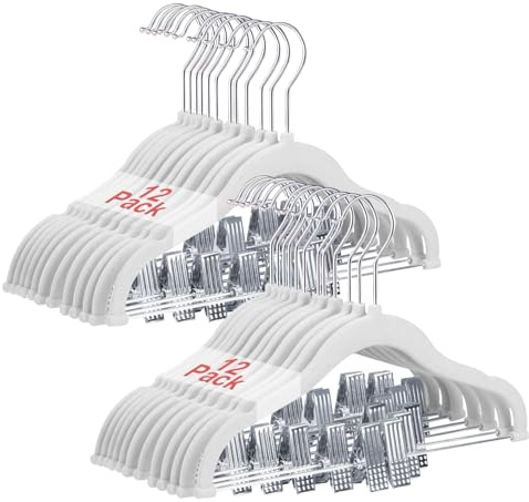 Wellong Baby-Kleiderbügel mit Clips, 24 Stück KinderKleiderbügel aus Samt, Strapazierfähige Kleiderbügel, rutschfeste Baby-bügel für Hemden, Hosen, Röcke, Kleider, Jacken, Mäntel, Weiß
