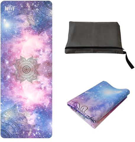 U&M 72'' x 27'' Travel Yoga Mat (1.5mm Thick) - Non-Slip Natural Rubber Base & Suede Top, Doubles as Studio Mat Cover, Anti-Slip for All Yoga Types, Purple Starry Sky Print