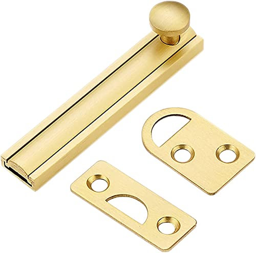 Badezimmer-Türschloss Schuppenschloss, Riegel-Schiebetürschloss, Türriegel, gebürstetes Finish, Schieberiegelschloss, massiver Messingguss-Zylinderriegel for Schränke, Fenster, Zäune,(Brushed Gold,3 i