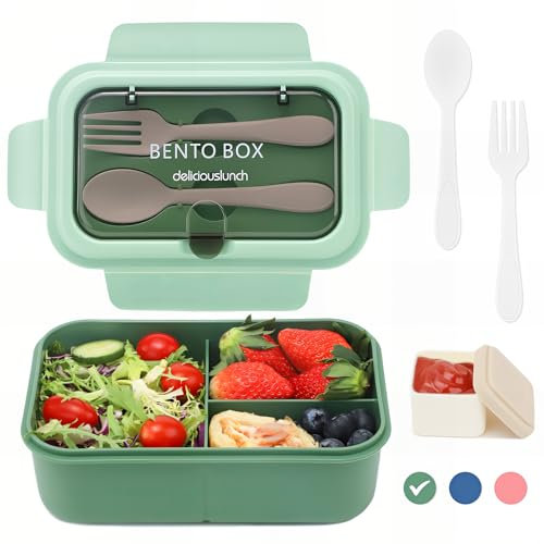 Bugucat Lunch Box Infantil Adulto 1200ML, Lunchbox con 3 Compartimentos y Cubiertos de Plástico, a Prueba de Fugas, para Escuela, Guardería, Oficina, Libre de BPA