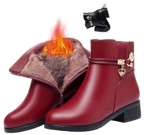 MASHANGGOU Stivali ortopedici da donna in vera pelle, impermeabili, alla caviglia, caldi, con tacco a blocco, con strass, stivali corti da neve (38EU, peluche rosso)